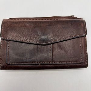 Fossil Brown Leather Clutch Organizer Phone Cards Checkbook Multiple Pockets